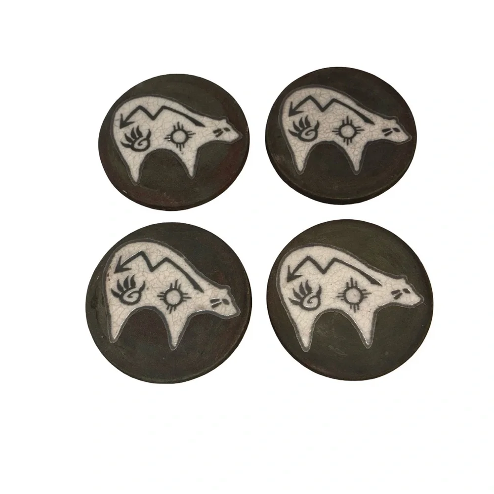 New! Raku Pottery Works Sighed J. Diller Bear Design Coasters Set of 4